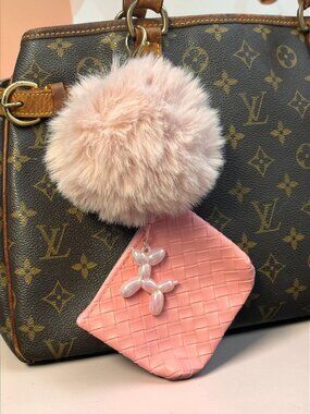 NEW Pink Woven Pouch Balloon Dog Pom Pom Bag Charm Keychain Set